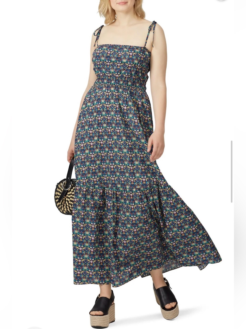 Cynthia Rowley Navy Floral Smocked Boho Maxi Dress.Size 1X